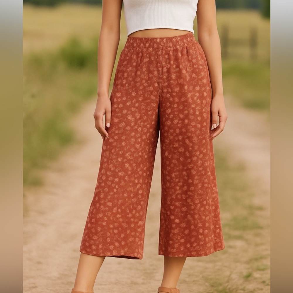 American Eagle Sz Med Wide Leg Culotte Floral Elastic Waist Pull On Burnt Orange